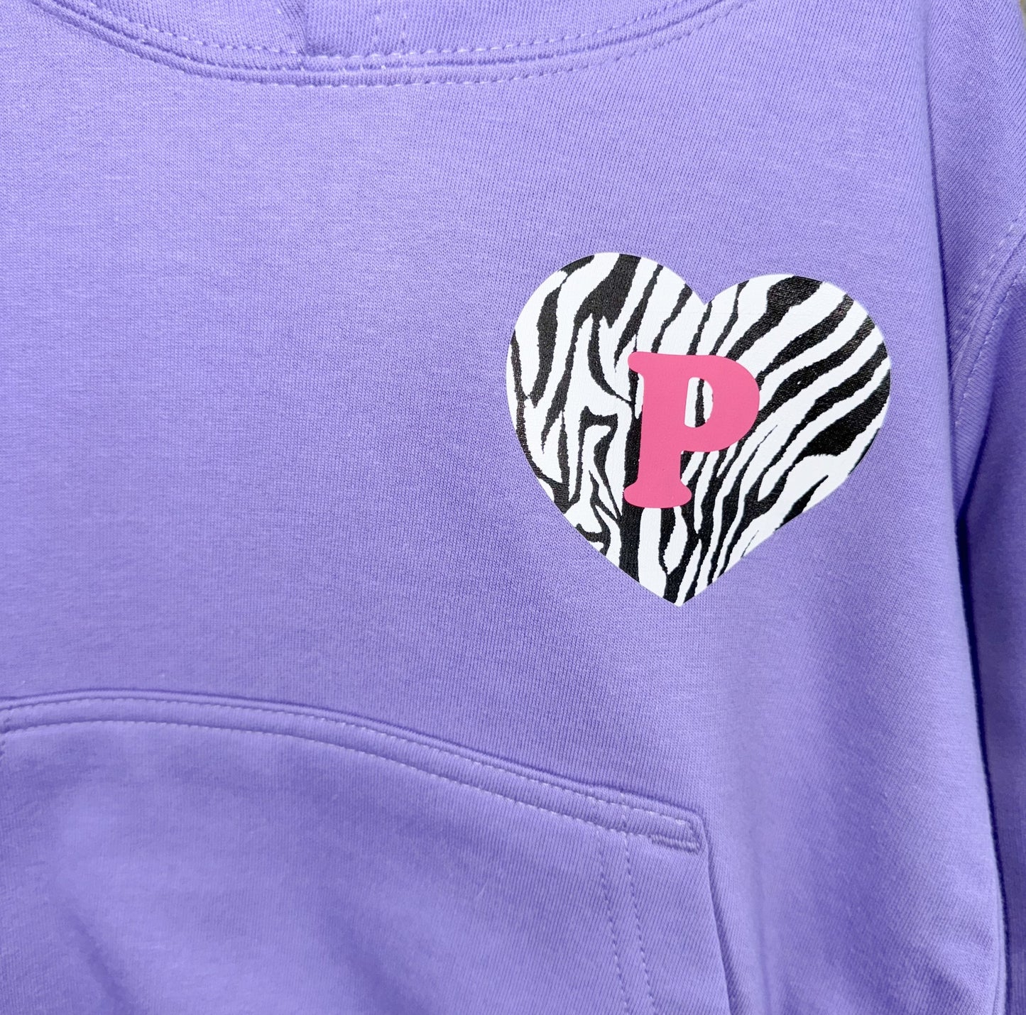Girls Personalised Zebra Print Heart Lilac Hoodie