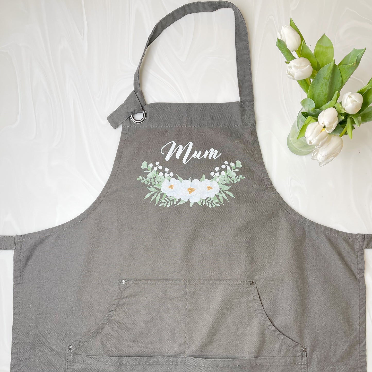 Mum Floral Dark Grey Cotton Canvas Apron - Lovetree Design