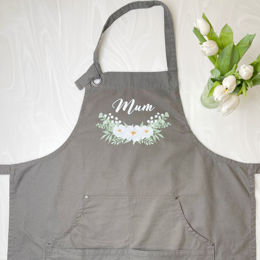Mum Floral Dark Grey Cotton Canvas Apron - Lovetree Design
