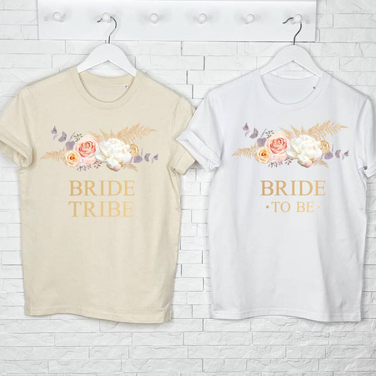 Bride To Be And Hen Pampas And Floral Gold T Shirt Set - Lovetree Design