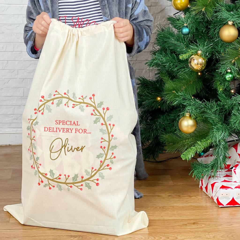 Holly Wreath Personalised Santa Sack - Lovetree Design
