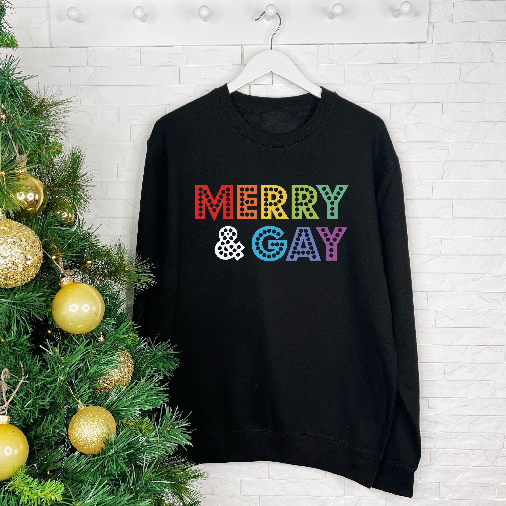 Subtle Bisexual Christmas Jumper | Organic Cotton online Sweatshirt | Merry Christmas | Christmas Tree with Rainbow Baubles | Queer Holiday Sweater