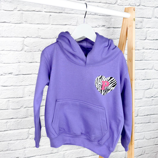 Girls Personalised Zebra Print Heart Lilac Hoodie