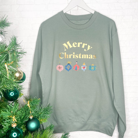 Colourful Baubles Sage Green Christmas Jumper