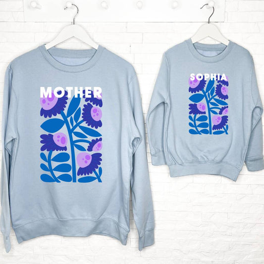 Mother And Child Blue Flower Market Personalised Sweatshirt Set