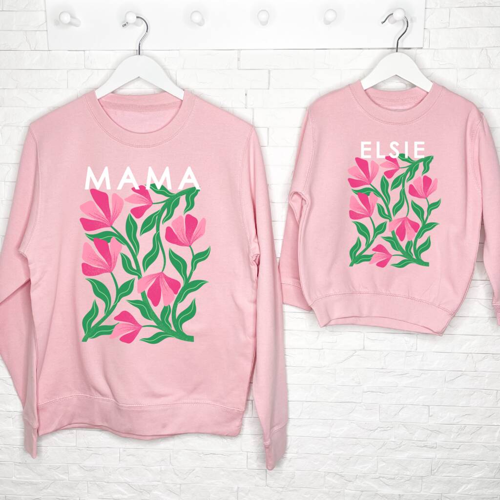 Mother And Child Pink Floral Personalised Sweatshirt Set