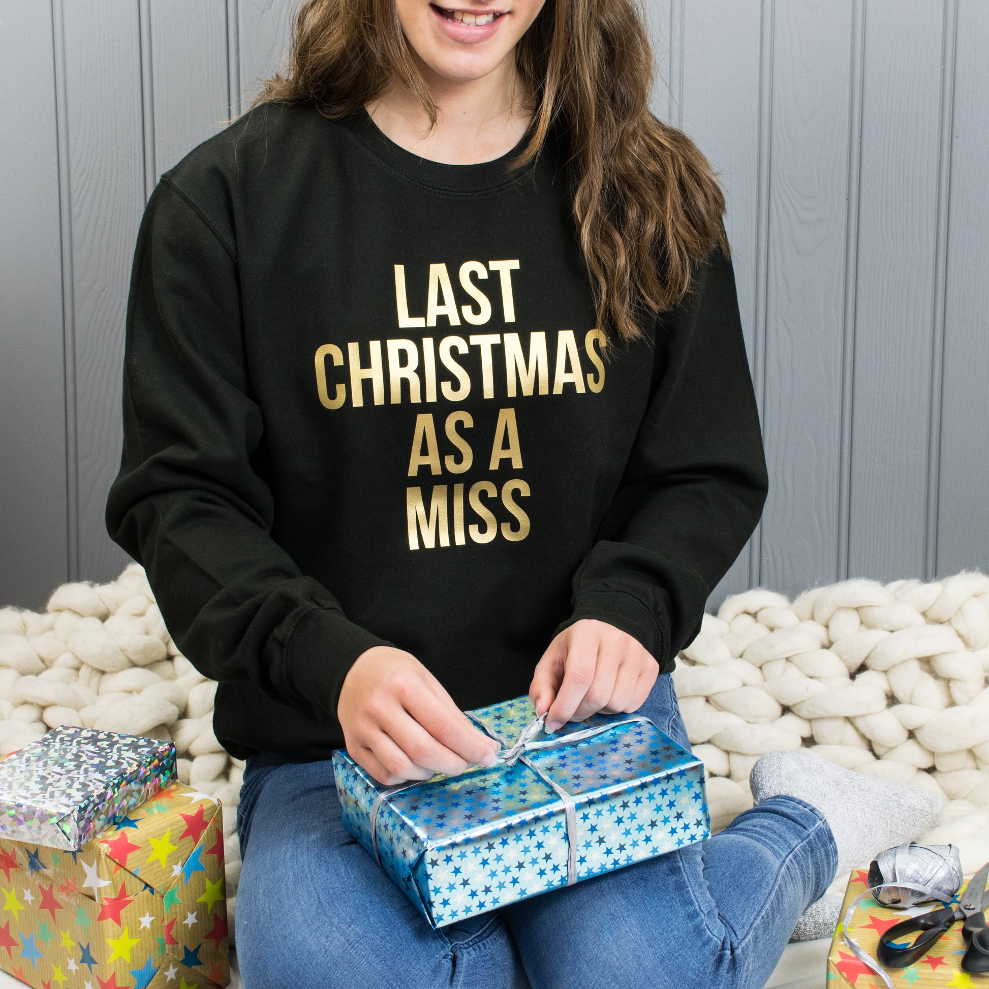 Last Christmas As A Miss Jumper With Bold Gold Print - Lovetree Design