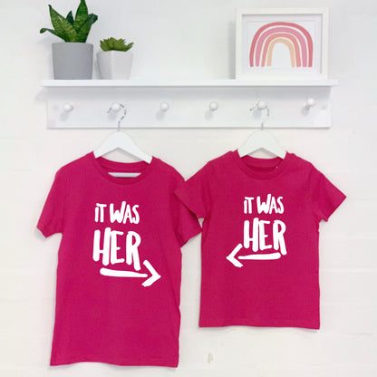 It Was Him! / It Was Her! Sibling Rivalry T Shirt Set - Lovetree Design