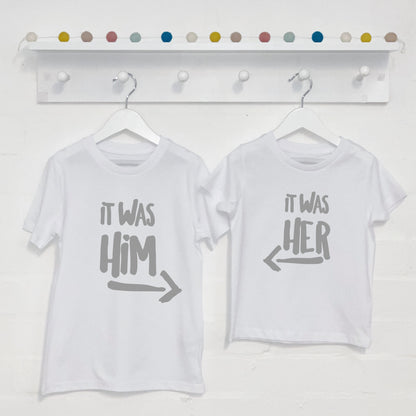 It Was Him! / It Was Her! Sibling Rivalry T Shirt Set - Lovetree Design