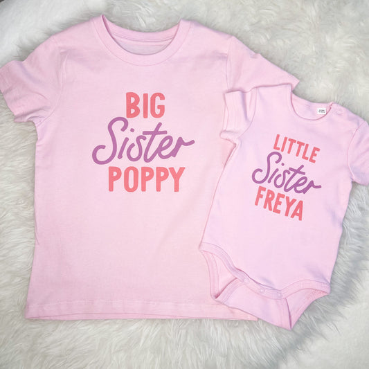 Personalised Big Sister Little Sister Pink T Shirt Set