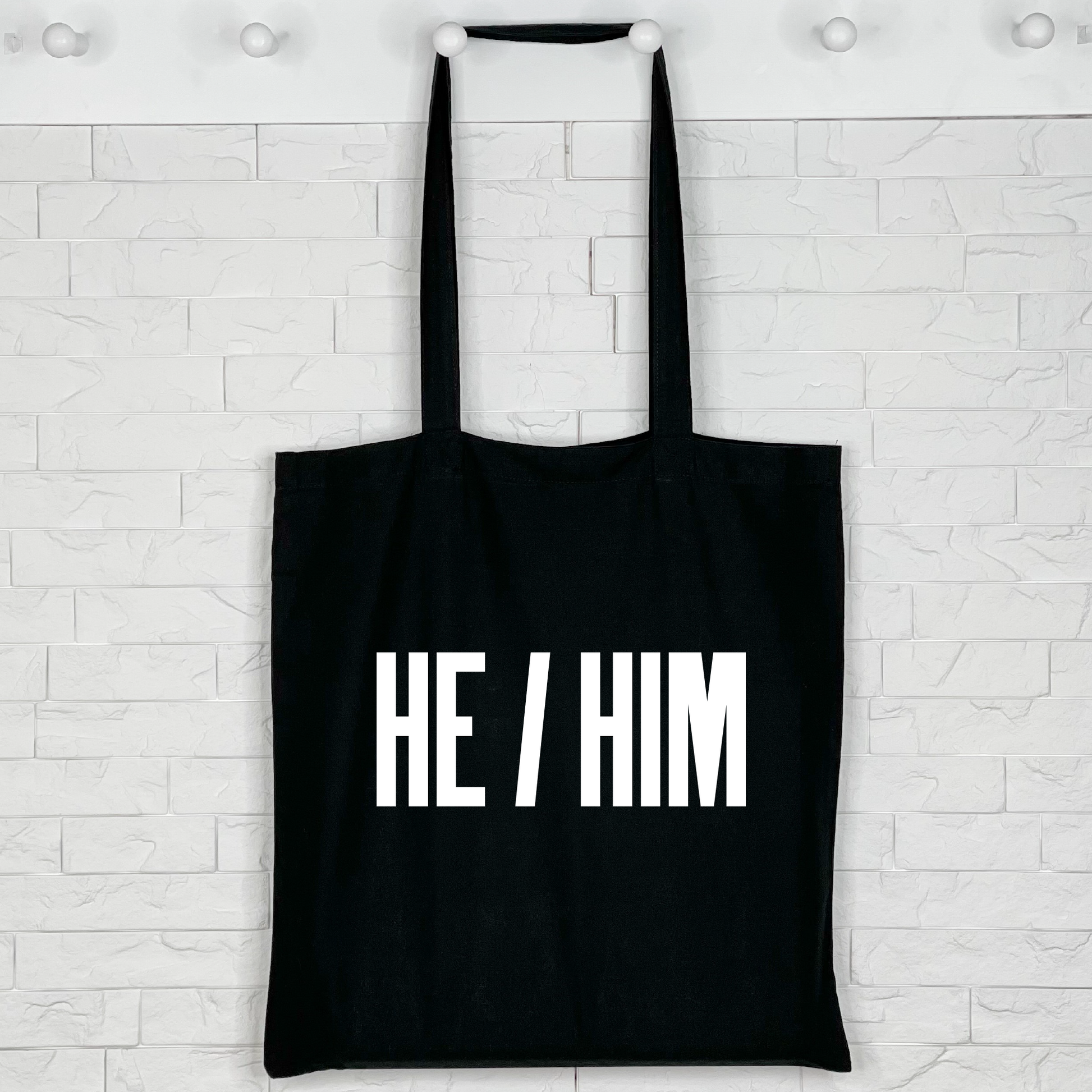 pronouns tote bag clack colour he him