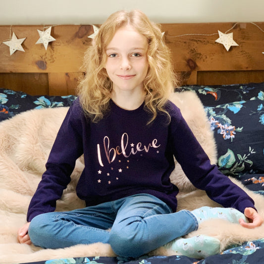 I Believe With Stars Rose Gold Kids Xmas Jumper - Lovetree Design