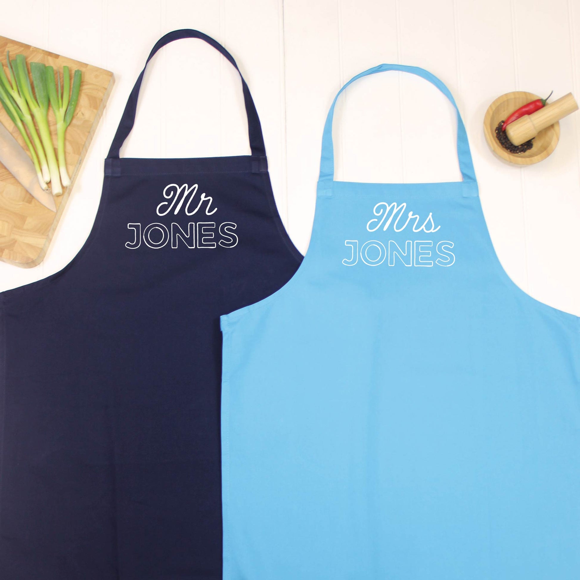 Mr And Mrs Personalised Apron Set Retro Style - Lovetree Design