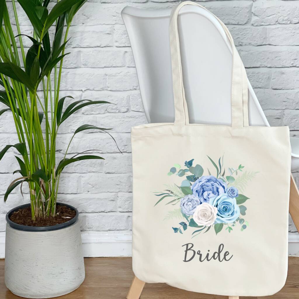 Bride And Bridal Party Blue Floral Wedding Tote Bag - Lovetree Design