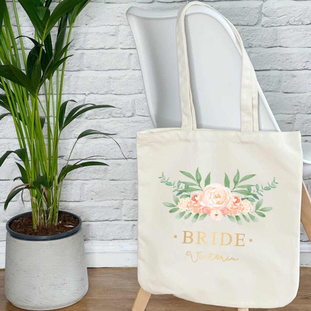 Bridal Party Champagne Gold Floral Wedding Tote Bag - Lovetree Design