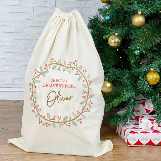 Holly Wreath Personalised Santa Sack - Lovetree Design