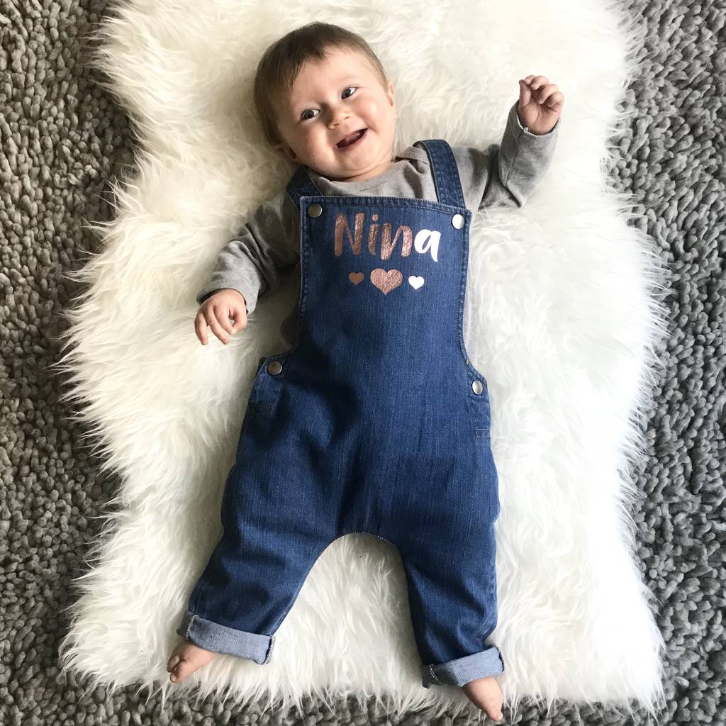 Personalised Name With Hearts Baby Denim Dungarees