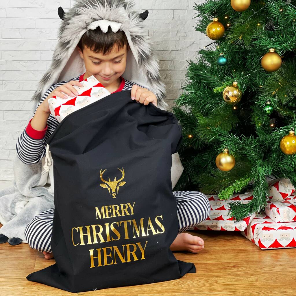 Reindeer Black And Gold Personalised Santa Sack - Lovetree Design